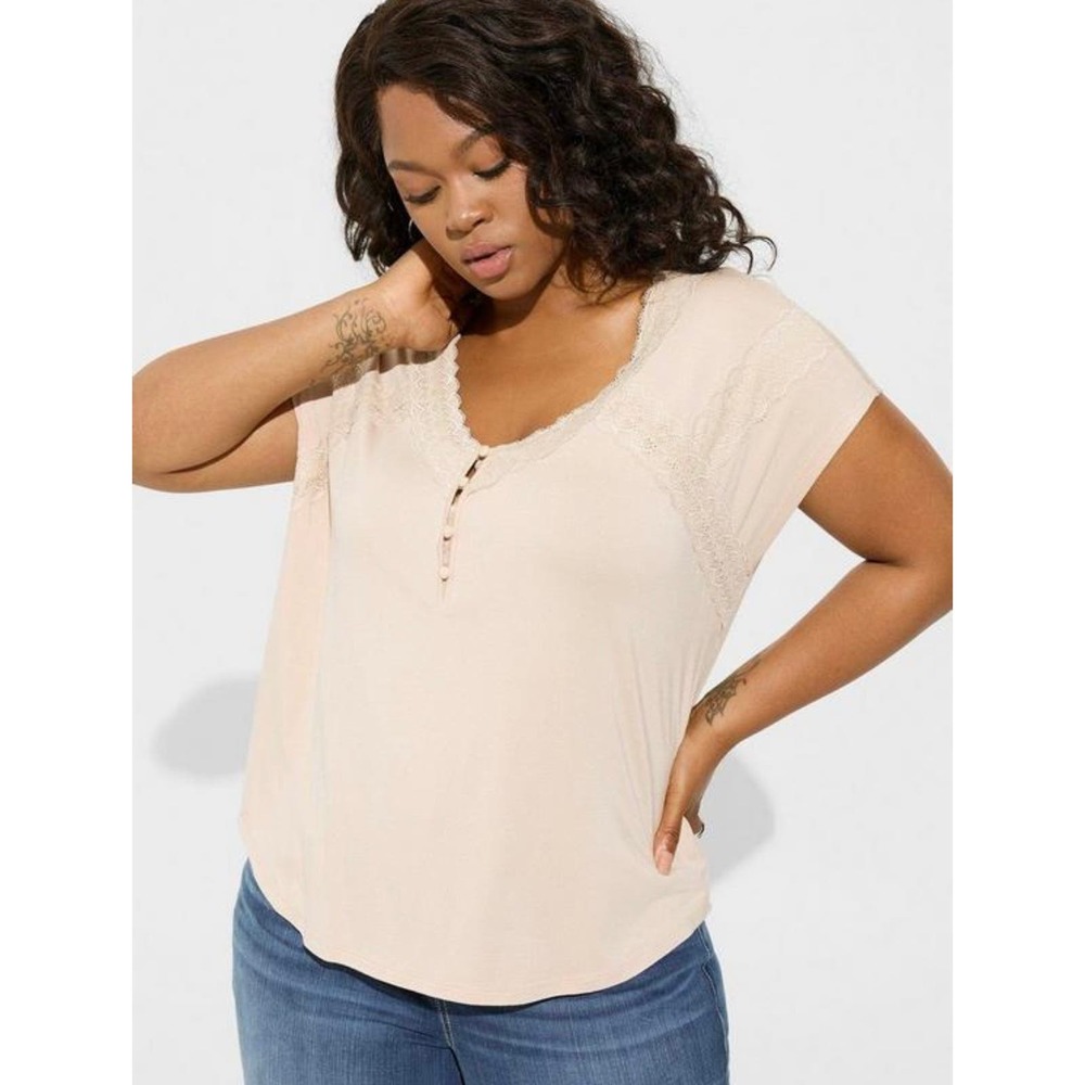 Torrid Smoke Cream Jersey Dolman Henley Lace Trim Top Size 0, L, 12 NWT